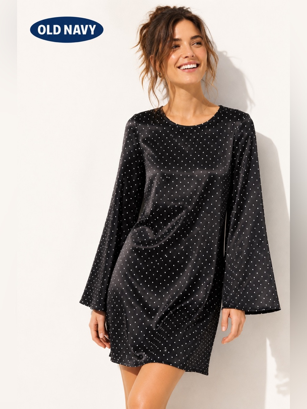 Old Navy Black Dress with White Polka Dots - Long Sleeve
